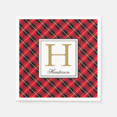 赤いモダン格子縞チェック金ゴールドアクセントモノグラムの、 スタンダードカクテルナプキン (正面)