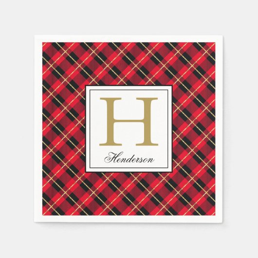 赤いモダン格子縞チェック金ゴールドアクセントモノグラムの、 スタンダードカクテルナプキン (正面)