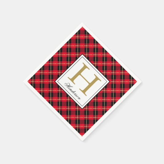 赤いモダン格子縞チェック金ゴールドアクセントモノグラムの、 スタンダードカクテルナプキン (角)