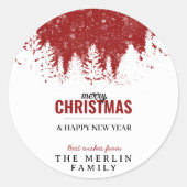 赤いモダン森の木々がクリスマスに咲く ラウンドシール (正面)