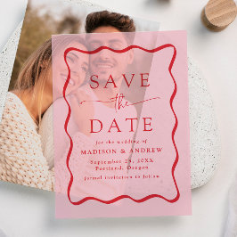 赤いモダン波状の結婚式の日付を保存 ベラム紙招待状