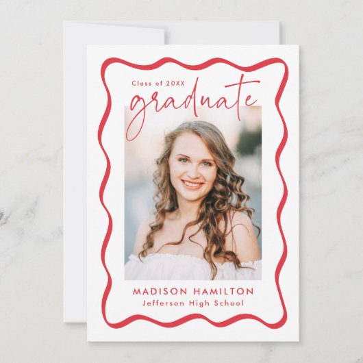赤いモダン波状フレーム2写真の卒業 案内状 (正面)