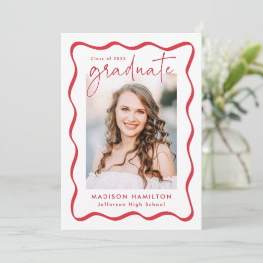 赤いモダン波状フレーム2写真の卒業 案内状 (スタンド正面)