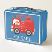 赤いモダン消防車の名パーソナライズされた前トラックHa メタルランチボックス (裏面)