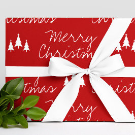 赤いモダン白い木柄メリークリスマス ラッピングペーパー