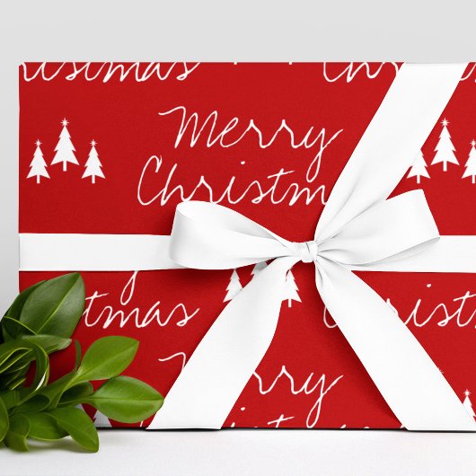 赤いモダン白い木柄メリークリスマス ラッピングペーパー
