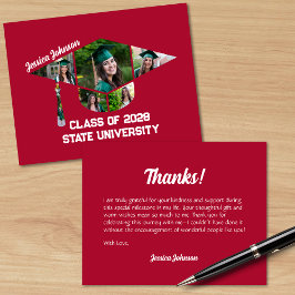 赤いモダン目盛りキャップ形状フォトコラージュ サンキューカード