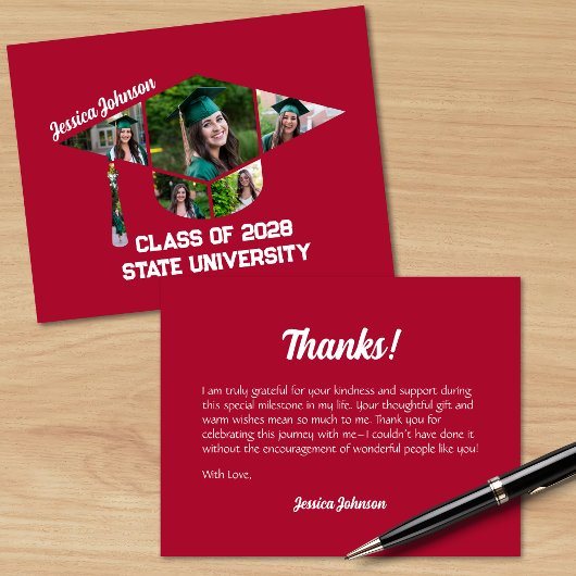 赤いモダン目盛りキャップ形状フォトコラージュ サンキューカード