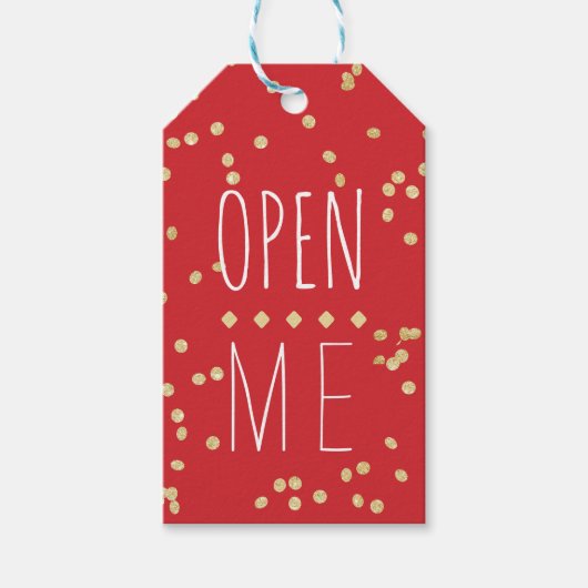 赤いモダン紙吹雪を開く私のタイポグラフィ ギフトタグ (正面)