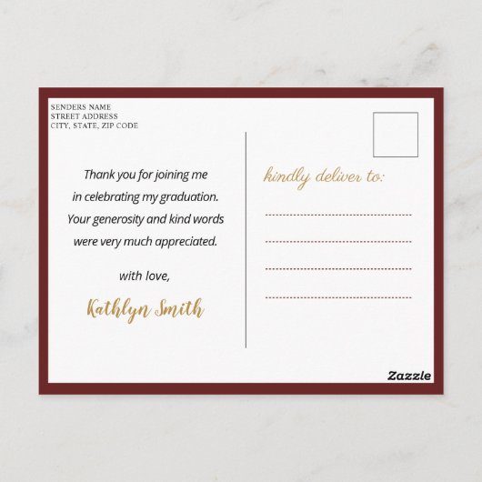 赤いモダン金ゴールドスクリプト写真卒業ありがとう ポストカード (裏面)