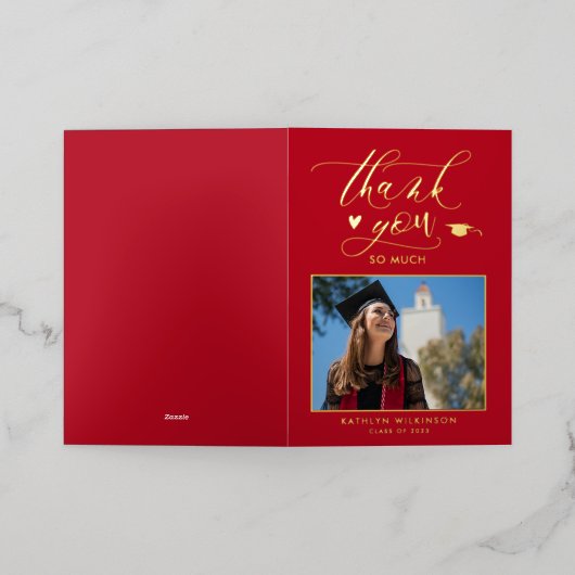 赤いモダン金ゴールドスクリプト卒業ありがとう 箔グリーティングカード (外側レイダウン)