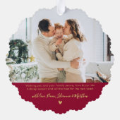 赤いモダン金ゴールドスクリプト2写真クリスマス オーナメントカード (裏面)