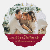 赤いモダン金ゴールドスクリプト2写真クリスマス オーナメントカード (正面)