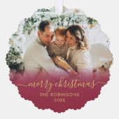 赤いモダン金ゴールドスクリプト2家族の写真クリスマス オーナメントカード (正面)