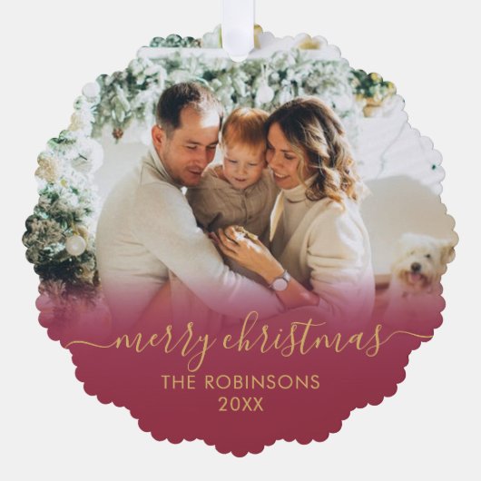 赤いモダン金ゴールドスクリプト2家族の写真クリスマス オーナメントカード (正面)