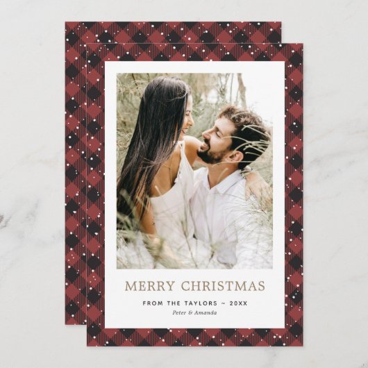 赤いモダン金ゴールド雪の写真メリークリスマス シーズンカード (正面/裏面)