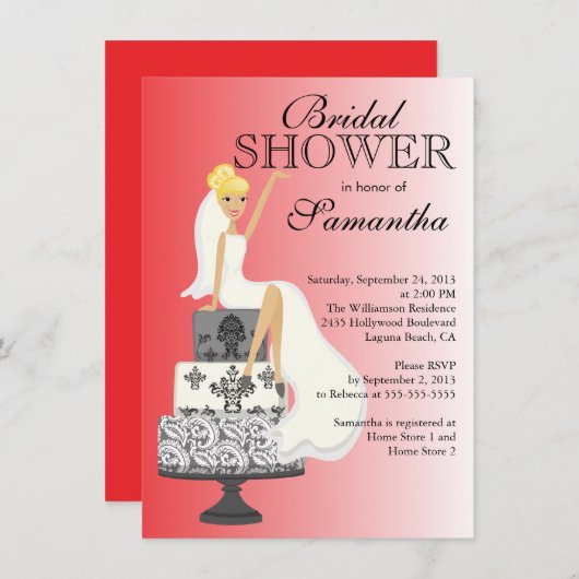 赤いモダン金髪の花嫁のシャワーの招待 招待状 (正面/裏面)