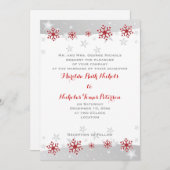 赤いモダン雪と銀の灰色の結婚星 招待状 (正面/裏面)