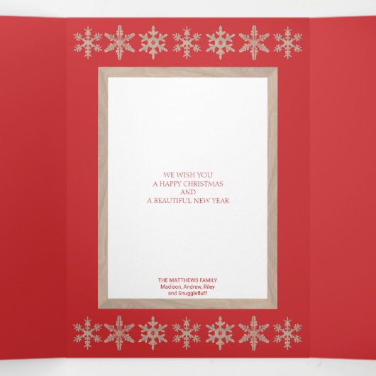 赤いモダン雪素朴片コラージュ5枚の写真 三つ折りクリスマスカード (内部中)