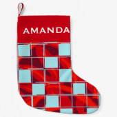 赤いモダン青の格子模様の名前 スモールクリスマスストッキング (正面)