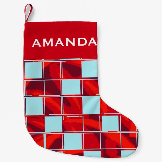 赤いモダン青の格子模様の名前 スモールクリスマスストッキング (正面)