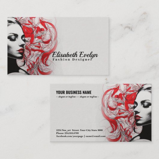 赤いモチーフと植物のシルエット装飾g654 名刺 (正面/裏面)