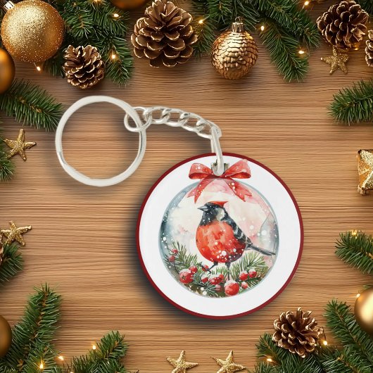 赤いモッキンバードウィンターランドスケープ キーホルダー