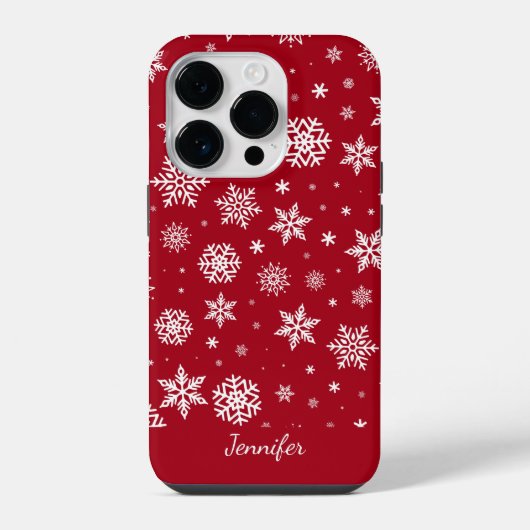 赤いモノグラムと冬の雪の結晶 iPhoneケース (裏面)