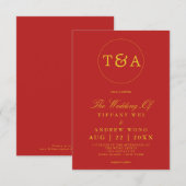  赤いモノグラムのエレガントな中華風ウェディング  招待状 (正面/裏面)