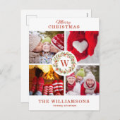 赤いモノグラムのクリスマス ベリー リース  | 4 枚の写真 シーズンポストカード (正面/裏面)