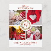 赤いモノグラムのクリスマス ベリー リース | 4 枚の写真 シーズンポストカード (正面)