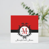 赤いモノグラムのダマスク織の結婚式招待状 招待状 (スタンド正面)