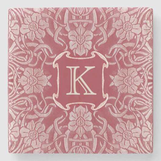 赤いモノグラムのヴィンテージのバラそしてユリ ストーンコースター (正面)