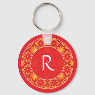赤いモノグラムの装飾的な花柄のタイルKeychain キーホルダー