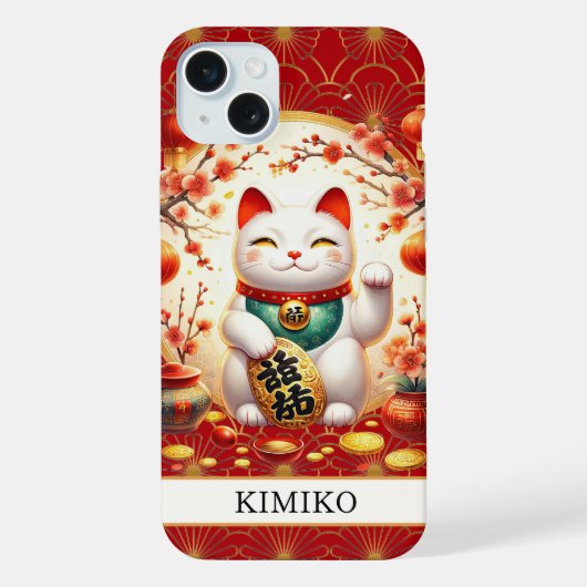 赤いモノグラムの金の硬貨を持つ幸運の猫 iPhoneケース (裏面)