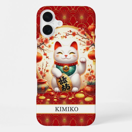 赤いモノグラムの金の硬貨を持つ幸運の猫 iPhoneケース (裏面)