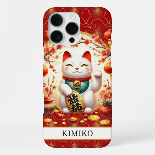 赤いモノグラムの金の硬貨を持つ幸運の猫 iPhoneケース (裏面)