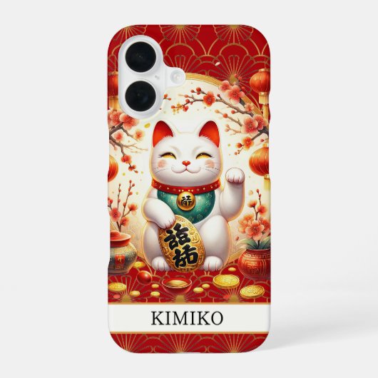 赤いモノグラムの金の硬貨を持つ幸運の猫 iPhone 16ケース (裏面)