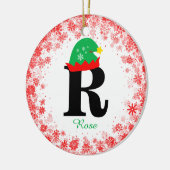 赤いモノグラムの雪片の名前でパーソナライズ セラミックオーナメント (左)