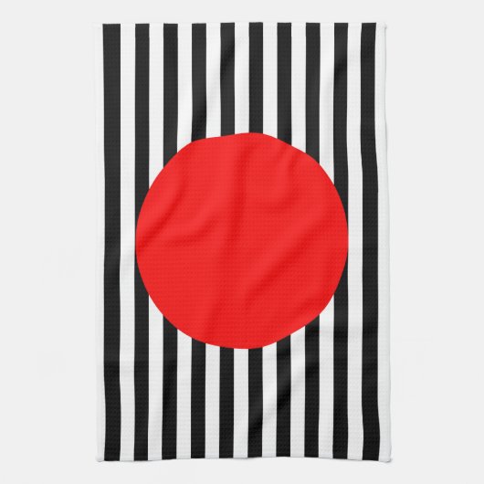 赤いモノグラムストライプの円の白黒の文字 キッチンタオル (縦)