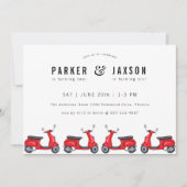 赤いモペットスクーターのテーマの合同誕生日 招待状 (正面)