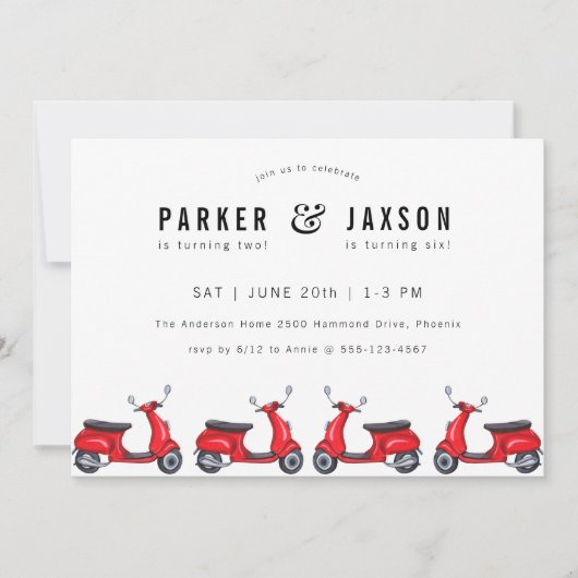 赤いモペットスクーターのテーマの合同誕生日 招待状 (正面)