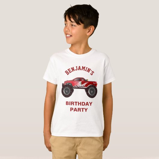 赤いモンスタートラックの子供の誕生日のパーティー Tシャツ (正面フル)