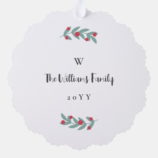 赤いヤドリギ白モノグラム写真コラージュ家族 オーナメントカード (裏面)