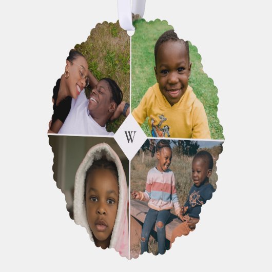 赤いヤドリギ白モノグラム写真コラージュ家族 オーナメントカード (左)