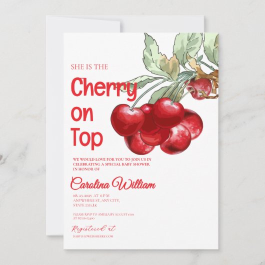 赤いユニークさくらんぼの上に赤いシャワー 招待状 (正面)