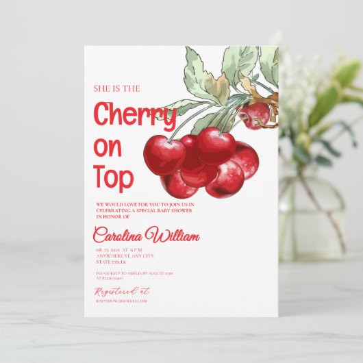 赤いユニークさくらんぼの上に赤いシャワー 招待状 (スタンド正面)