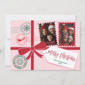 赤いユニークピンクのギフトボウ写真メリークリスマス シーズンカード (正面)