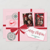 赤いユニークピンクのギフトボウ写真メリークリスマス シーズンカード (正面/裏面)