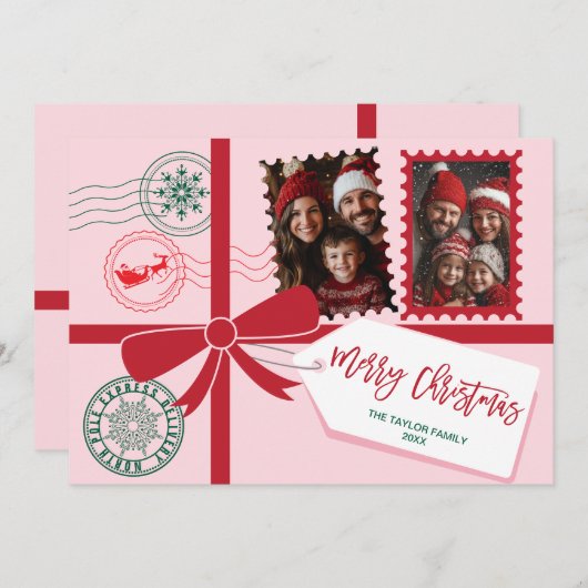 赤いユニークピンクのギフトボウ写真メリークリスマス シーズンカード (正面/裏面)